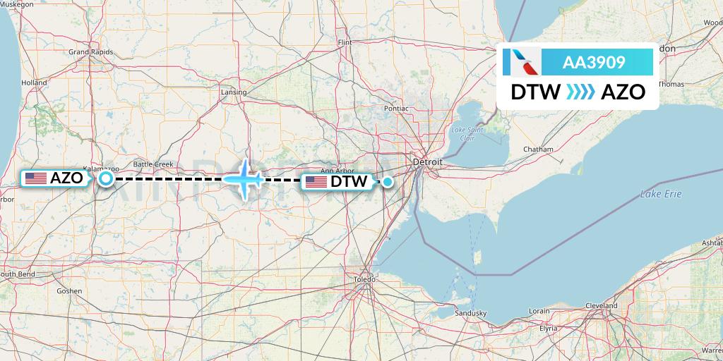 AA3909 American Airlines Flight Map: Detroit to Kalamazoo