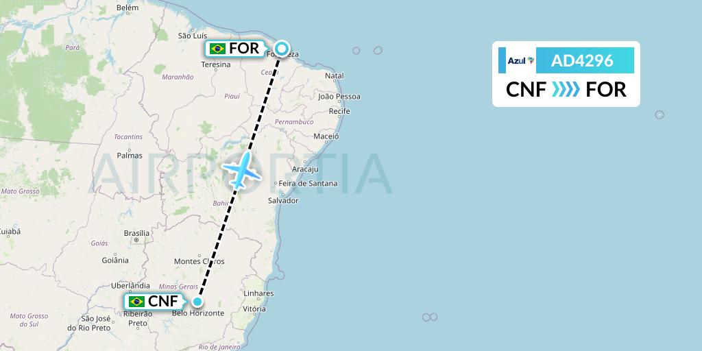 AD4296 Azul Brazilian Airlines Flight Map: Belo Horizonte to Fortaleza