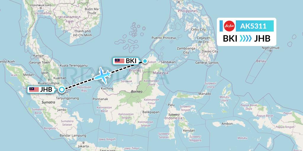 AK5311 AirAsia Flight Map: Kota Kinabalu to Johor Bahru