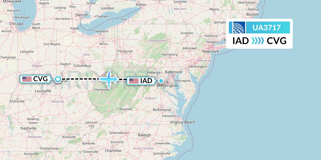UA3717 United Airlines Flight Map: Washington to Cincinnati