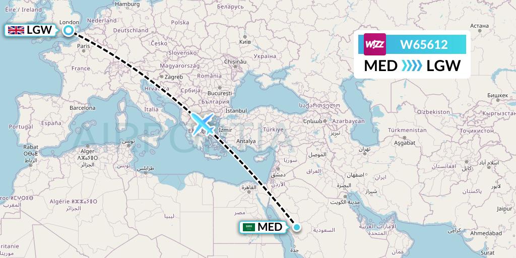 W65612 Wizz Air Flight Map: Medina to London