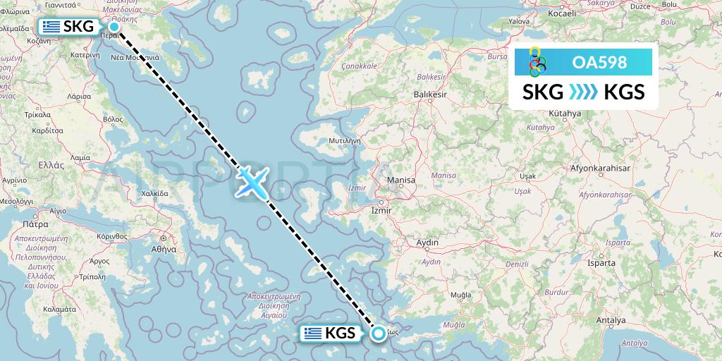 OA598 Olympic Air Flight Map: Thessaloniki to Kos