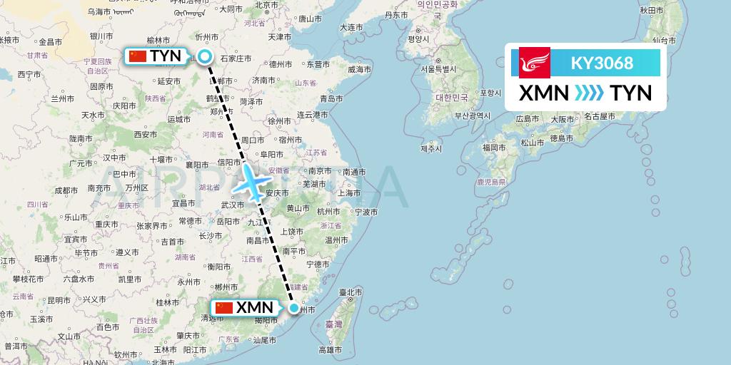 KY3068 Kunming Airlines Flight Map: Xiamen to Taiyuan