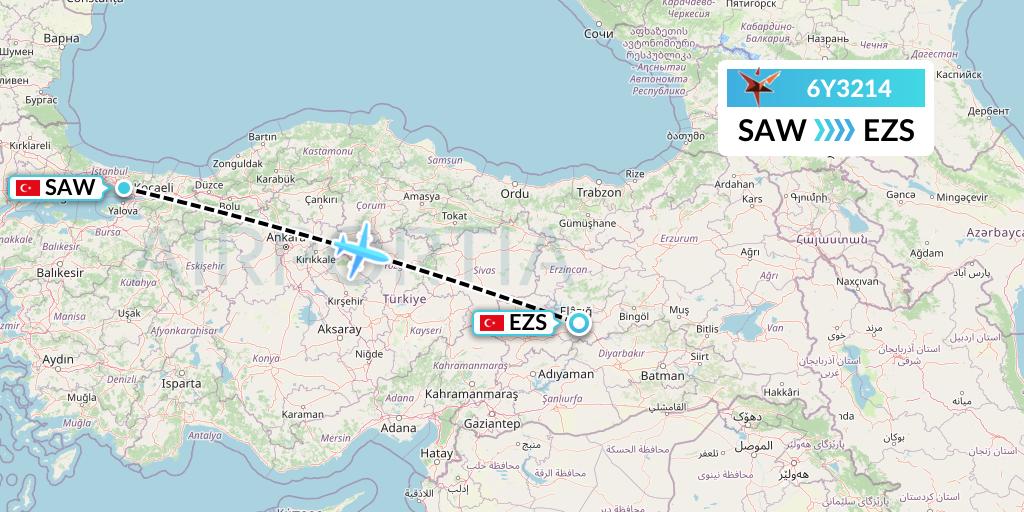 6Y3214 SmartLynx Flight Map: Istanbul to Elazig