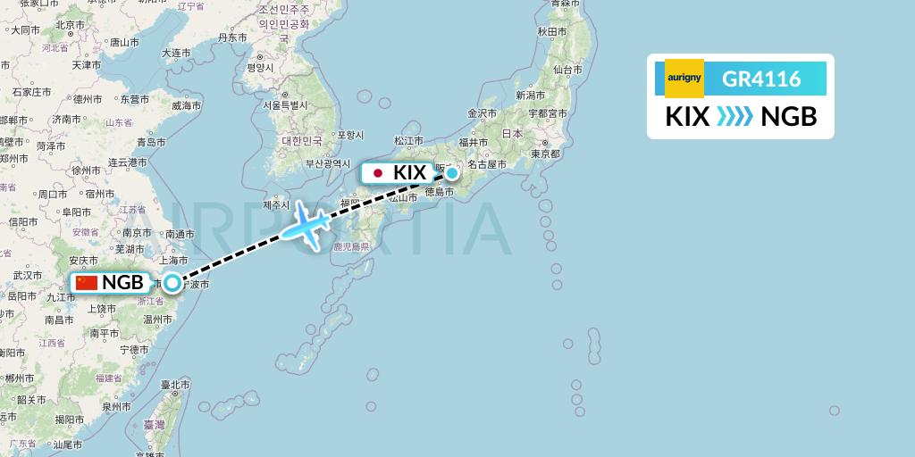 GR4116 Aurigny Air Services Flight Map: Osaka to Ningbo