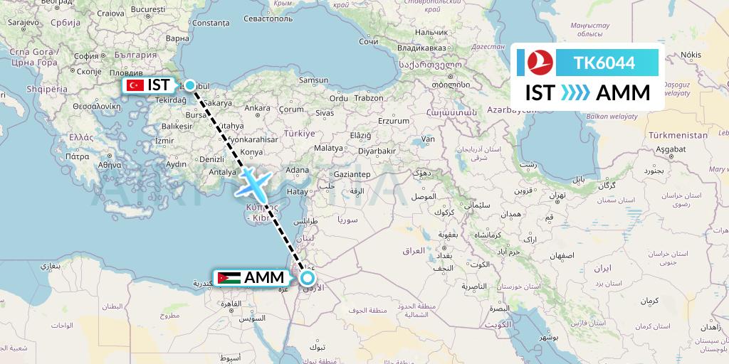 TK6044 Turkish Airlines Flight Map: Istanbul to Amman