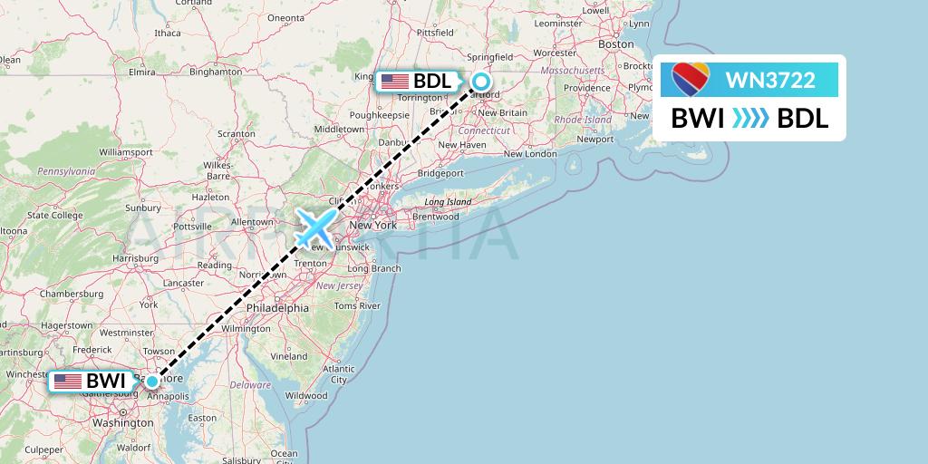 WN3722 Southwest Airlines Flight Map: Baltimore to Windsor Locks