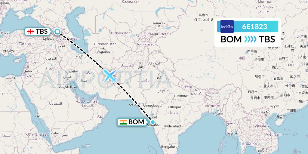 6E1823 IndiGo Airlines Flight Map: Mumbai to Tbilisi