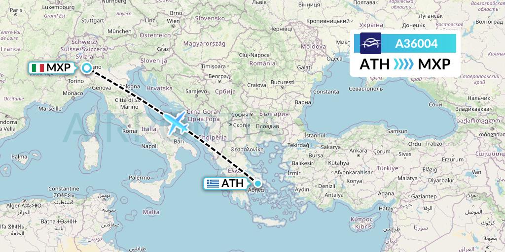 A36004 Aegean Airlines Flight Map: Athens to Milan