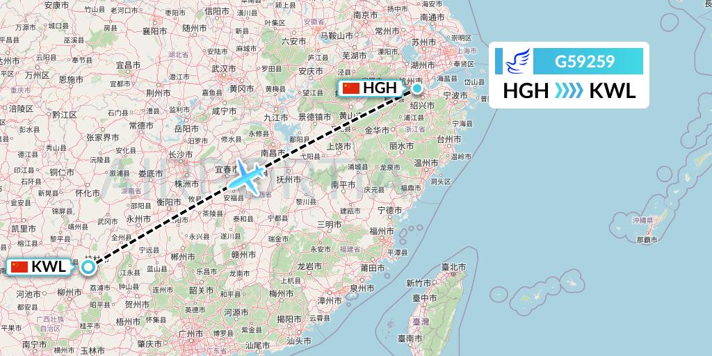 G59259 China Express Airlines Flight Map: Hangzhou to Guilin