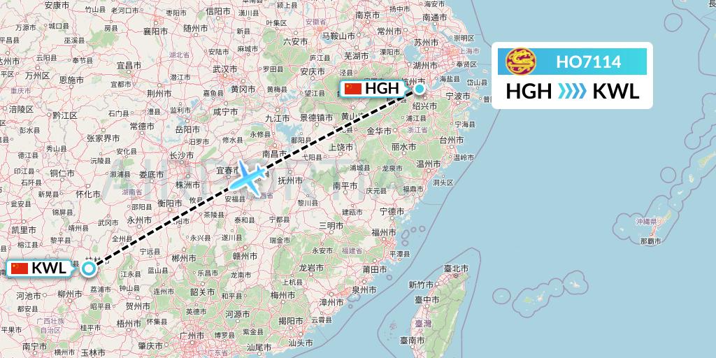 HO7114 Juneyao Airlines Flight Map: Hangzhou to Guilin