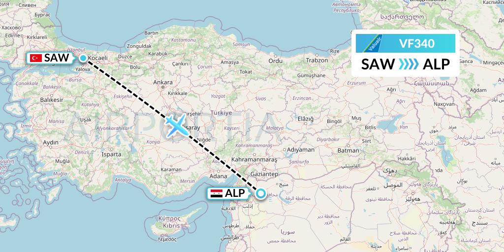 VF340 ValuAir Flight Map: Istanbul to Aleppo