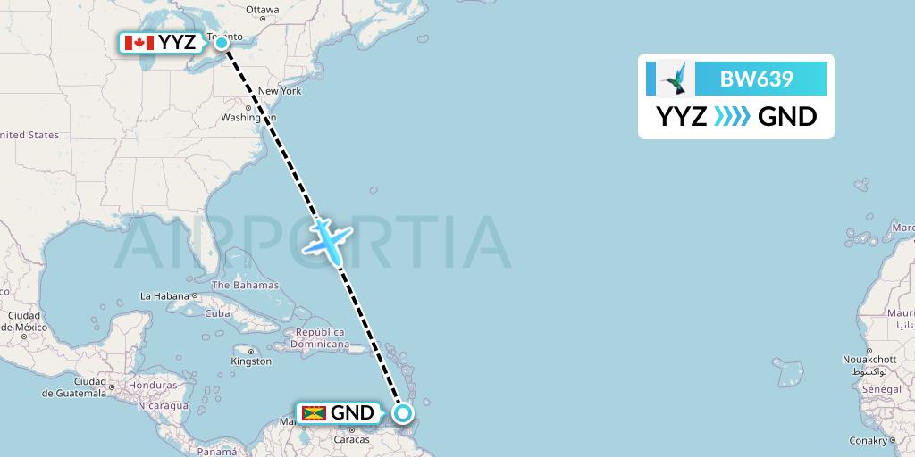BW639 Caribbean Airlines Flight Map: Toronto to Point Salines