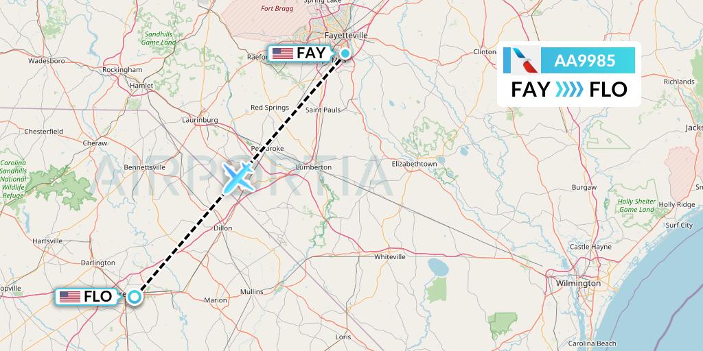 AA9985 American Airlines Flight Map: Fayetteville to Florence