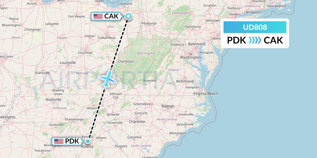 UD808 UR Airlines Flight Map: Atlanta to Akron