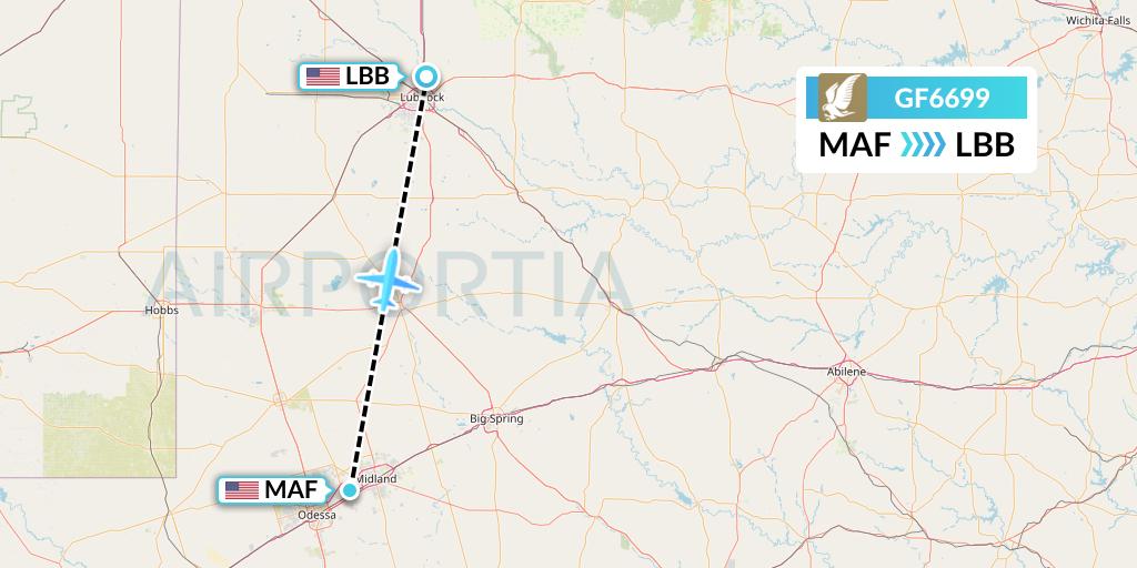 GF6699 Gulf Air Flight Map: Midland to Lubbock