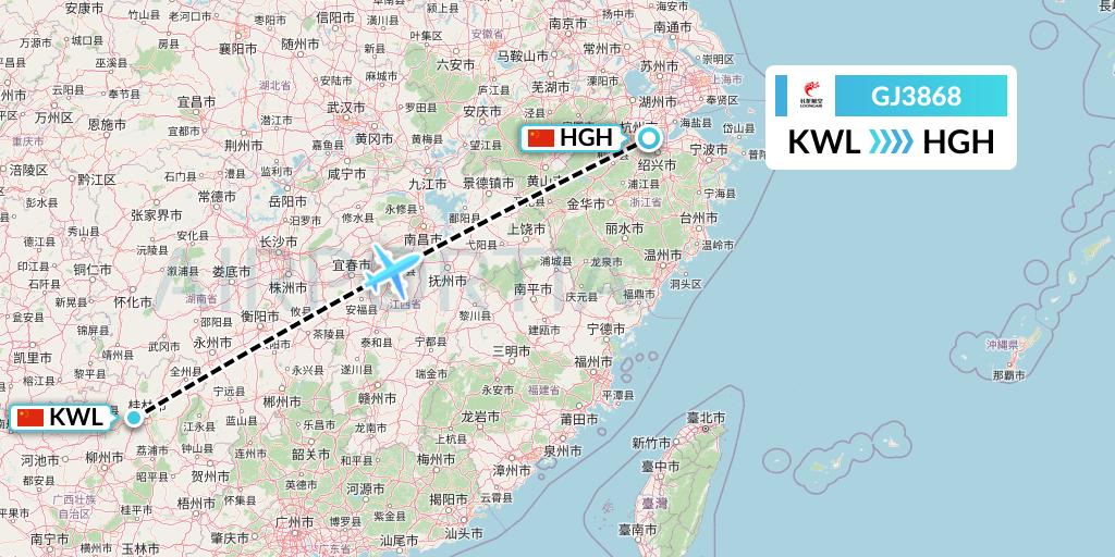 GJ3868 Loong Airlines Flight Map: Guilin to Hangzhou