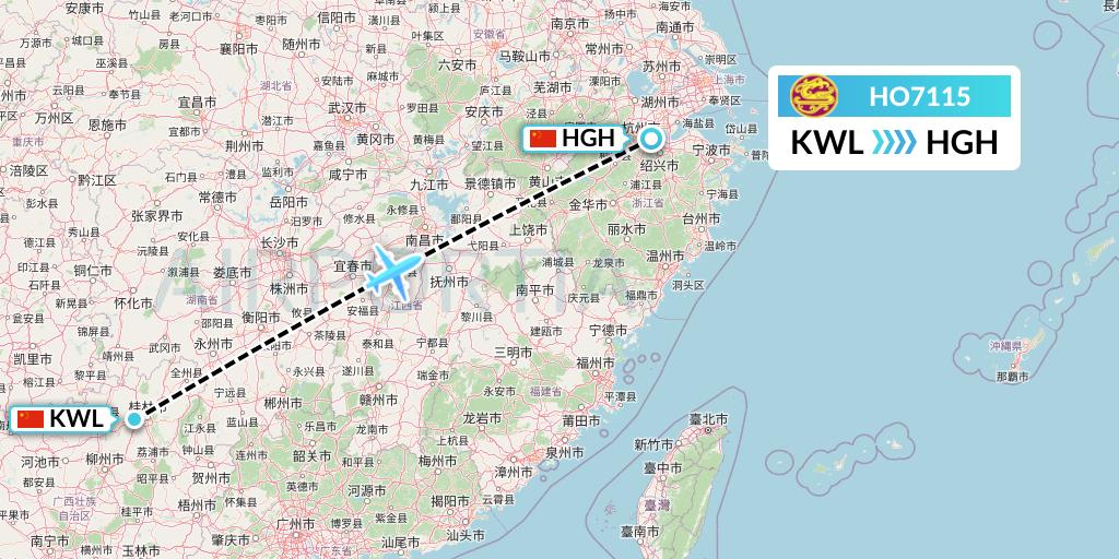 HO7115 Juneyao Airlines Flight Map: Guilin to Hangzhou