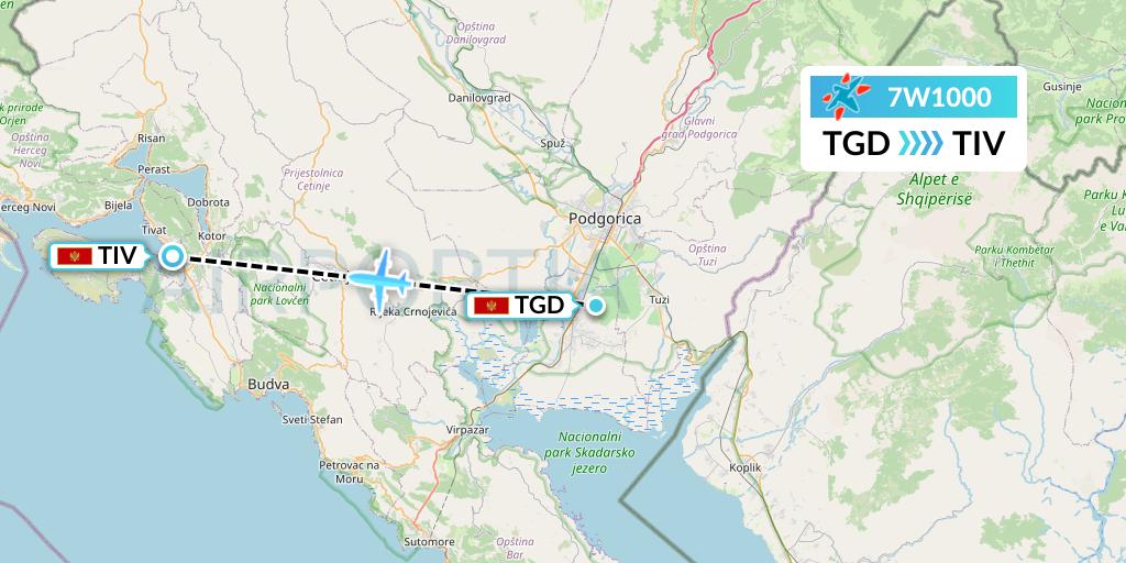 7W1000 Windrose Airlines Flight Map: Podgorica to Tivat