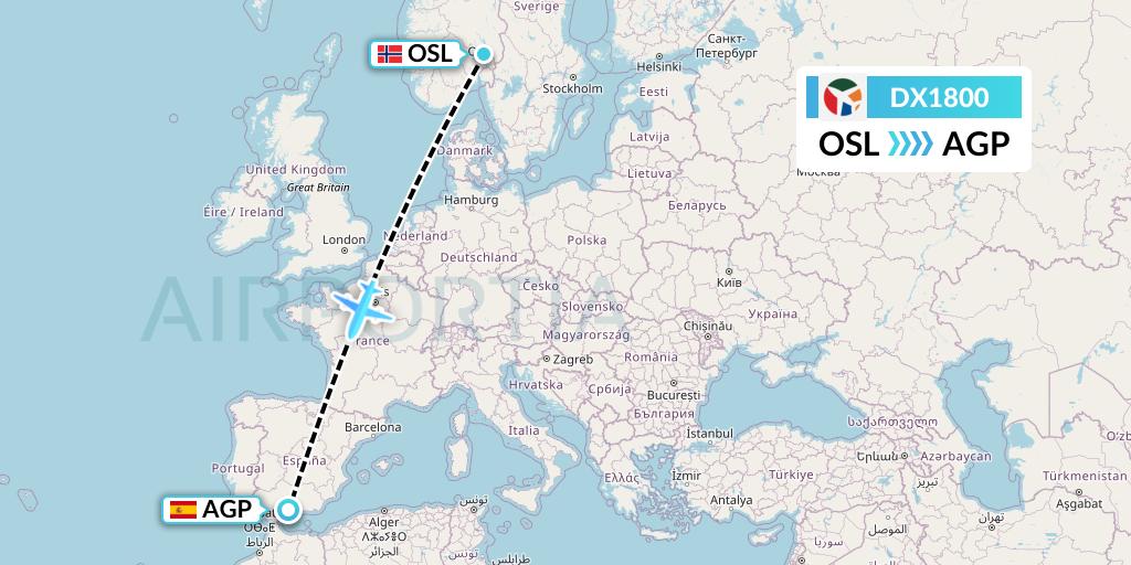 DX1800 Danish Air Transport Flight Map: Oslo to Malaga
