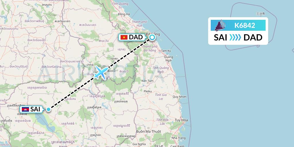 K6842 Cambodia Angkor Air Flight Map: Siem Reap to Da Nang