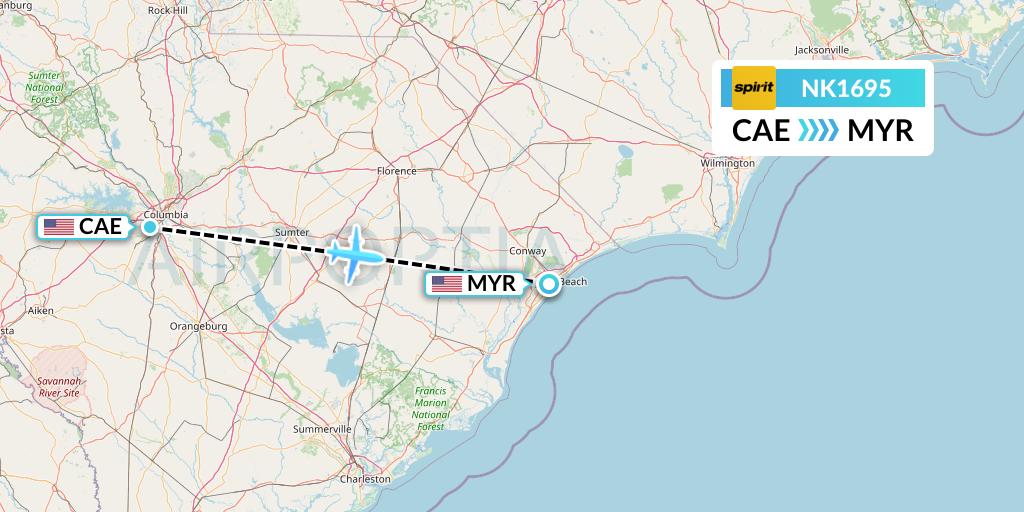 NK1695 Spirit Airlines Flight Map: Columbia to Myrtle Beach