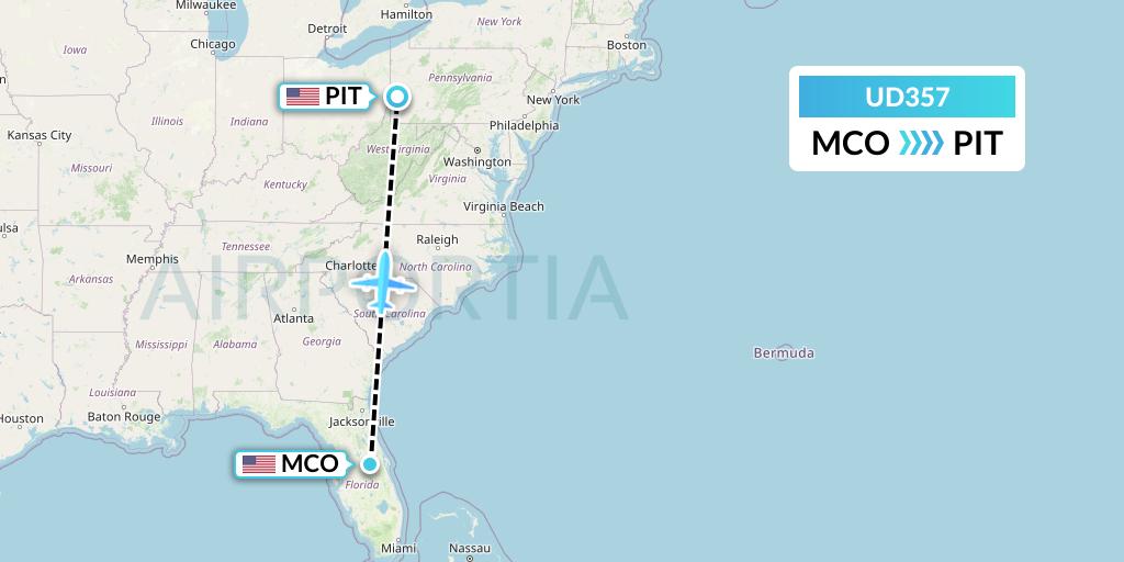 UD357 UR Airlines Flight Map: Orlando to Pittsburgh