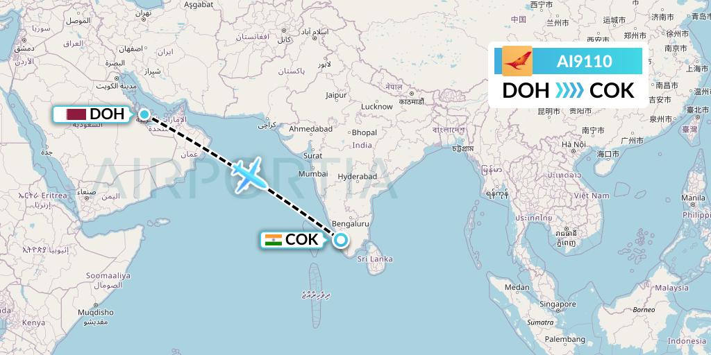 AI9110 Air India Flight Map: Doha to Cochin