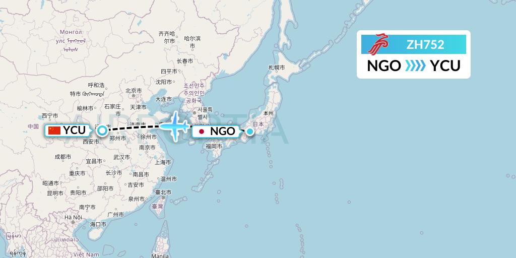 ZH752 Shenzhen Airlines Flight Map: Nagoya to Yuncheng