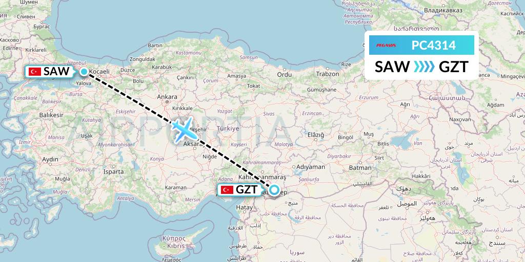 PC4314 Pegasus Airlines Flight Map: Istanbul to Gaziantep
