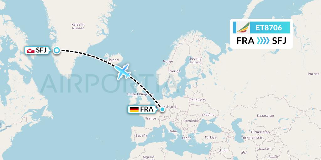 ET8706 Ethiopian Airlines Flight Map: Frankfurt to Kangerlussuaq