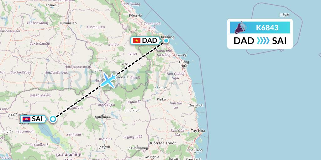K6843 Cambodia Angkor Air Flight Map: Da Nang to Siem Reap
