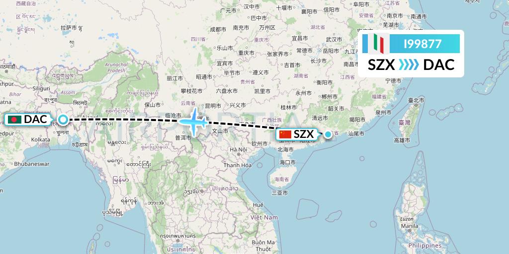 I99877 Air Italy Flight Map: Shenzhen to Dhaka