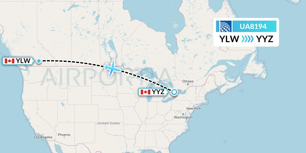 UA8194 United Airlines Flight Map: Kelowna to Toronto