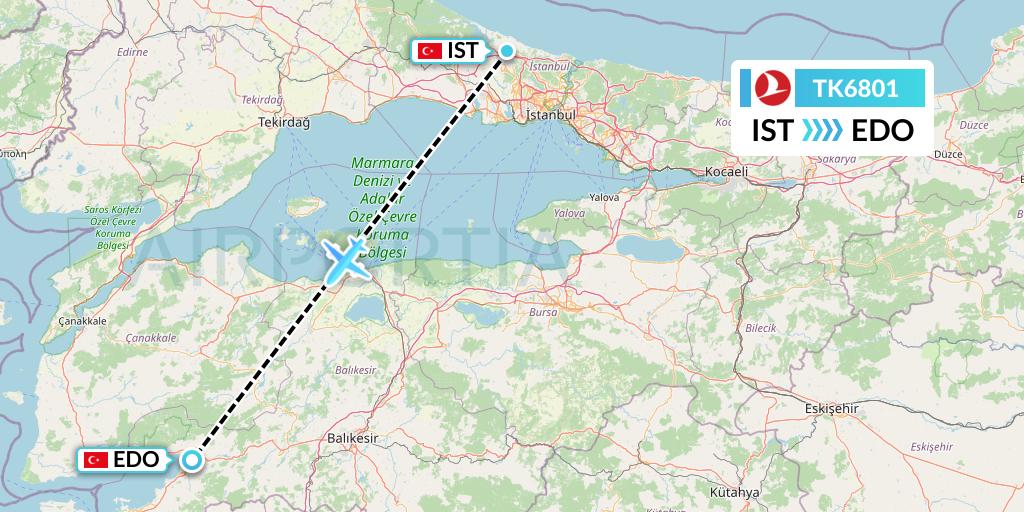 TK6801 Turkish Airlines Flight Map: Istanbul to Edremit