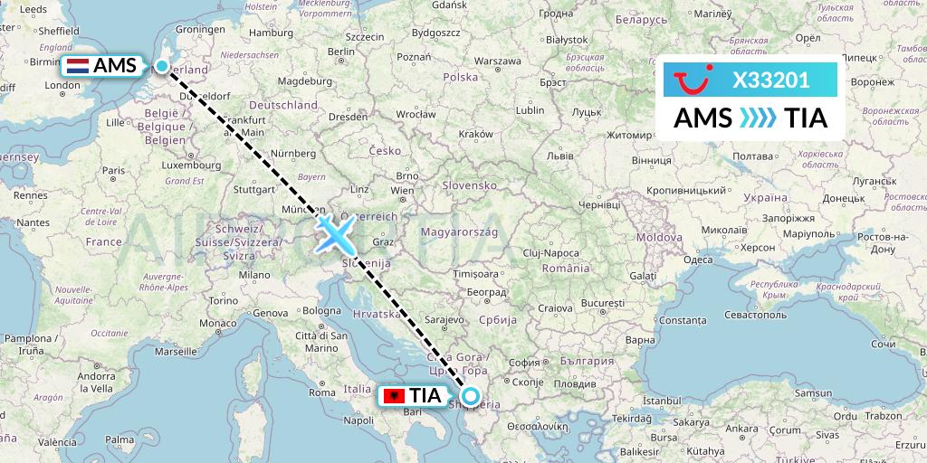 X33201 TUI fly Germany Flight Map: Amsterdam to Tirana