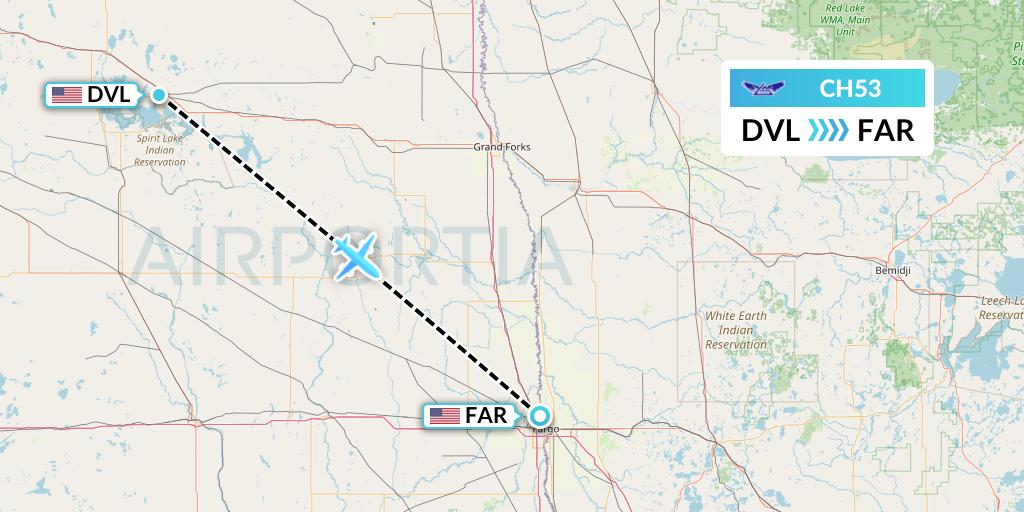 CH53 Bemidji Airlines Flight Map: Devils Lake to Fargo