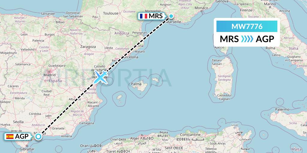 MW7776 Mokulele Flight Service Flight Map: Marseille to Malaga