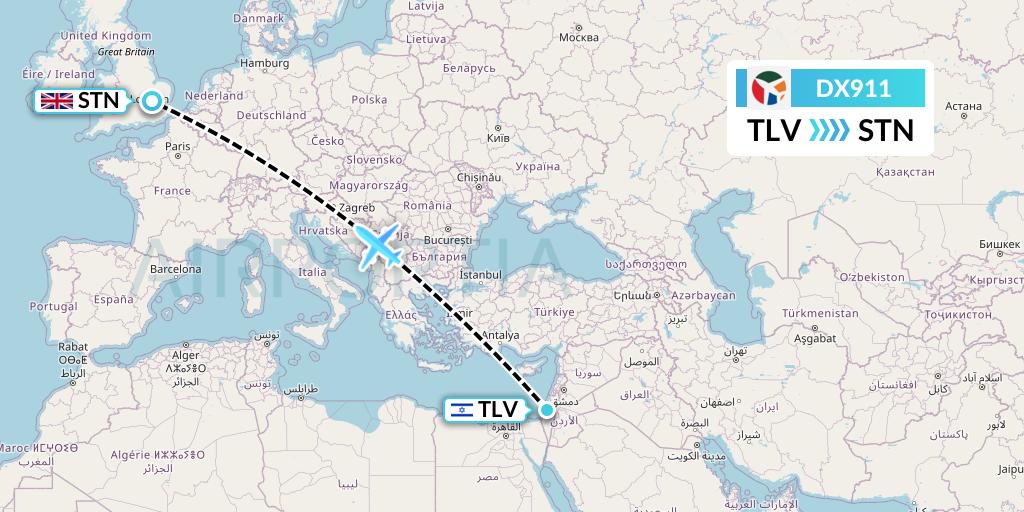 DX911 Danish Air Transport Flight Map: Tel Aviv to London
