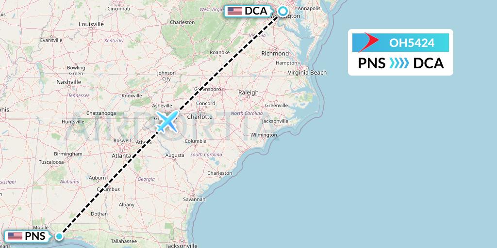 OH5424 PSA Airlines Flight Map: Pensacola to Washington