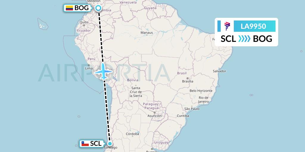 LA9950 LAN Airlines Flight Map: Santiago to Bogota