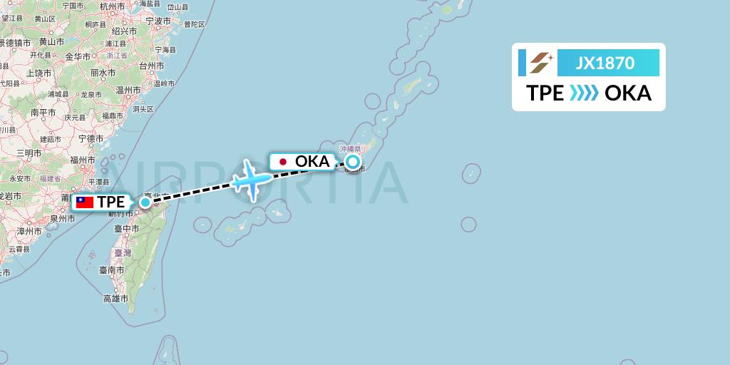 JX1870 Starlux Airlines Flight Map: Taipei to Naha
