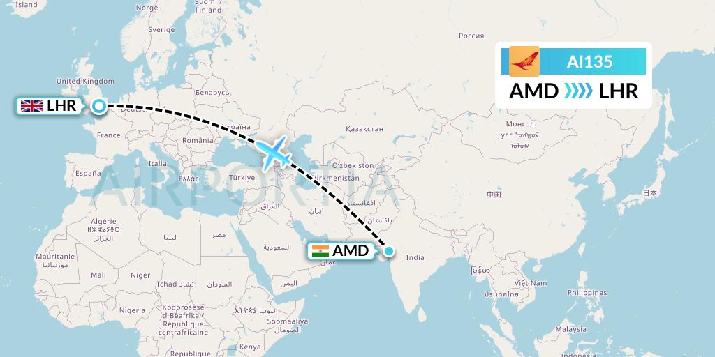 AI135 Air India Flight Map: Ahmedabad to London