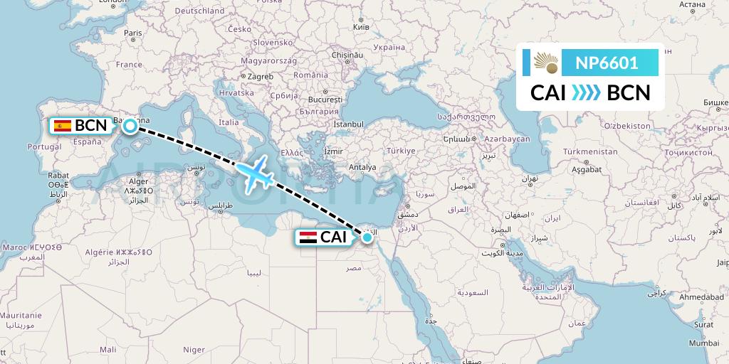 NP6601 Nile Air Flight Map: Cairo to Barcelona