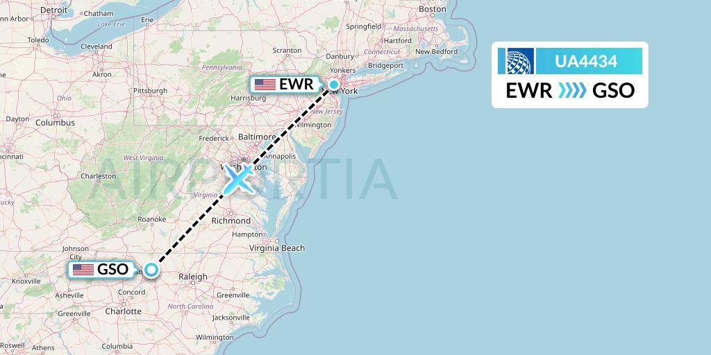 UA4434 United Airlines Flight Map: New York to Greensboro