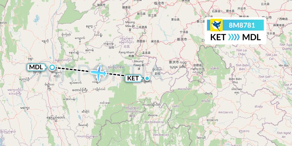 8M8781 Myanmar Airways International Flight Map: Kengtung to Mandalay