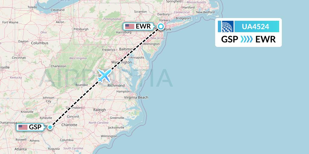UA4524 United Airlines Flight Map: Greenville-Spartanburg to New York