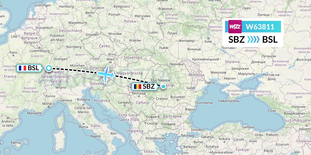 W63811 Wizz Air Flight Map: Sibiu to Basel