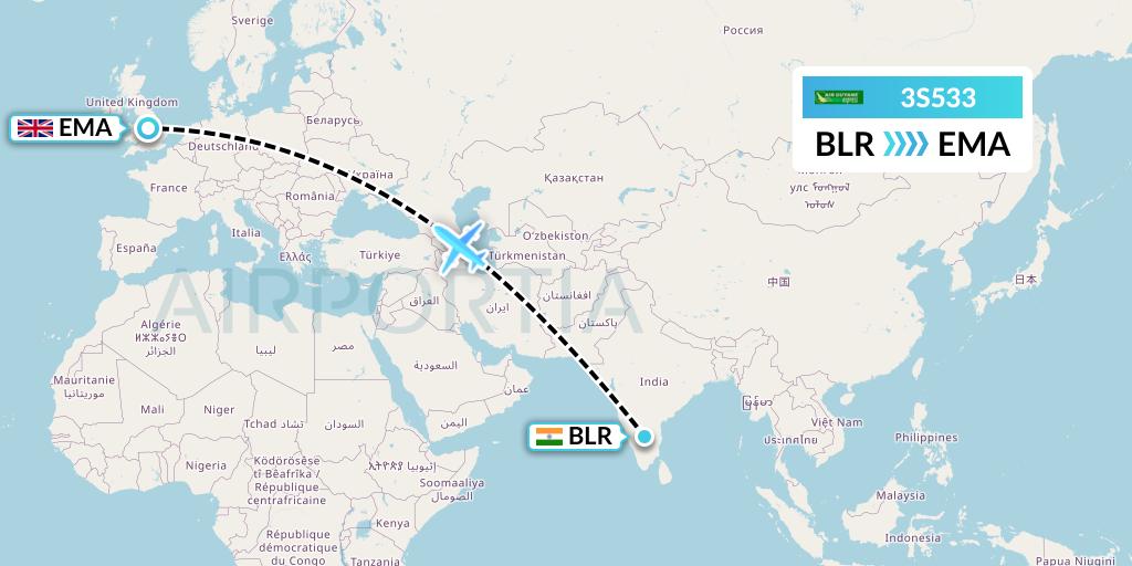 3S533 Air Antilles Express Flight Map: Bangalore to East Midlands