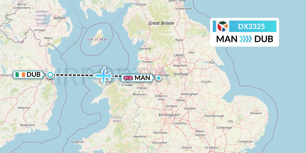 DX3325 Danish Air Transport Flight Map: Manchester to Dublin